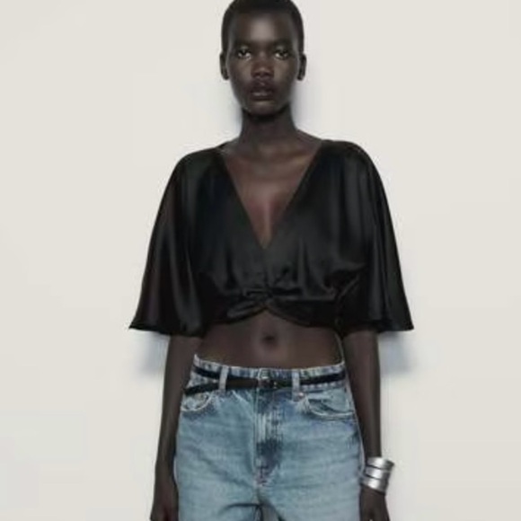 ZARA BLACK SATIN KNOTTED CROPPED TOP - Picture 3 of 6